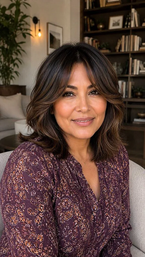 Warm Brunette Shoulder Shag with Flipped Curtain Pieces