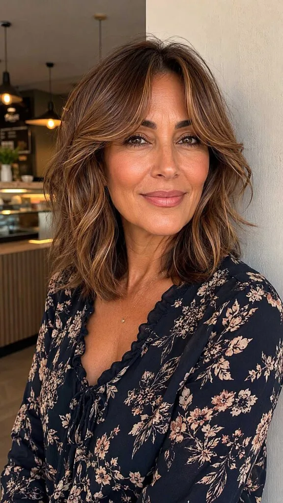 Warm Brunette Shoulder Waves with Caramel Ribbons and Cheekbone Fringe
