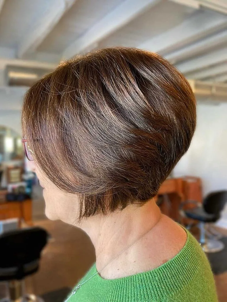 Warm Brunette Wedge Bob with Tapered Nape and Full Crown Shape
