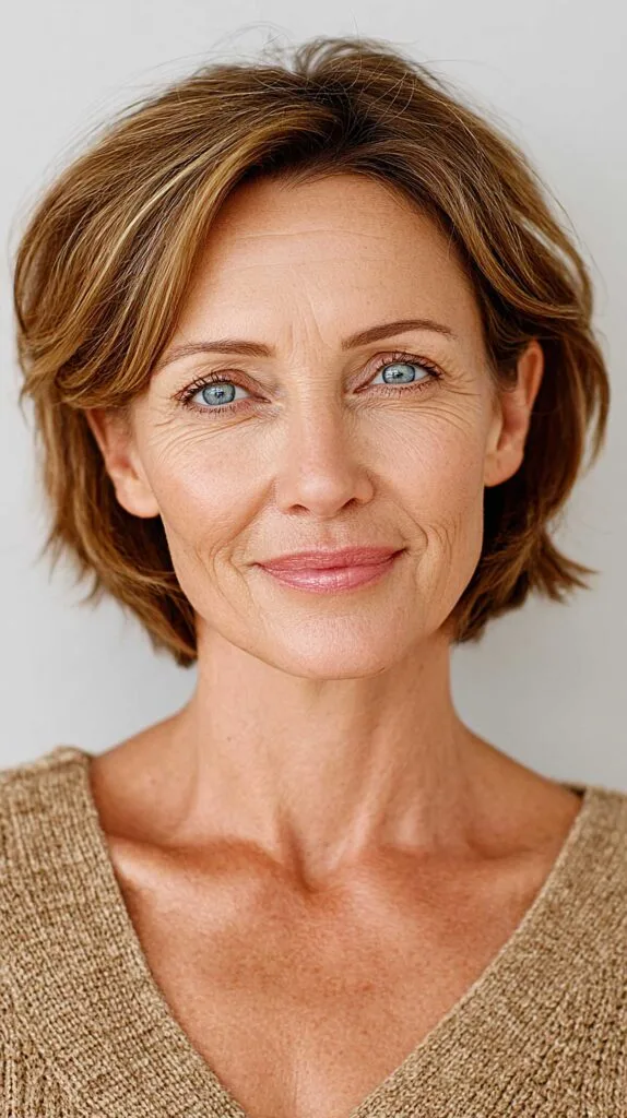 Warm caramel layered bob with subtle blonde highlights