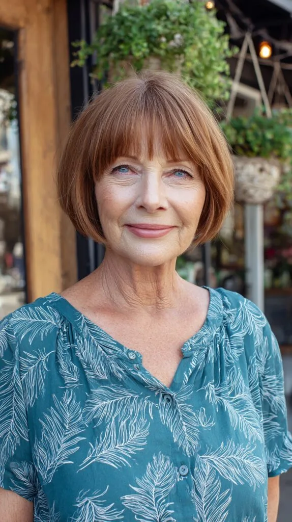 Warm Chestnut Jaw-Length Bob with Soft Blunt Bangs