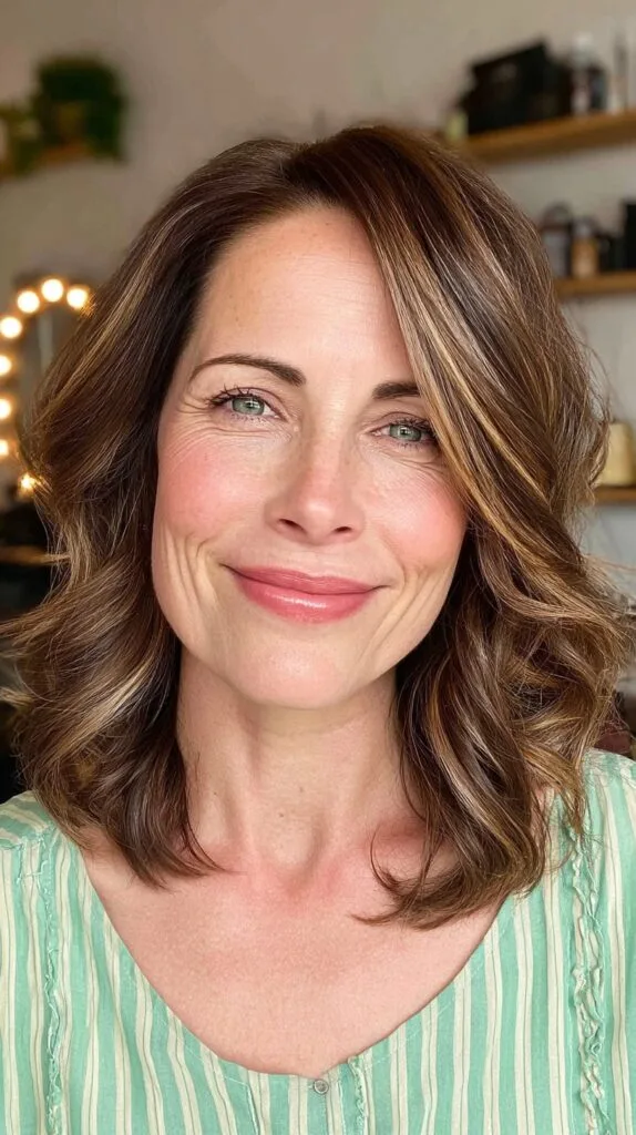 Warm Chestnut Lob with Soft Waves