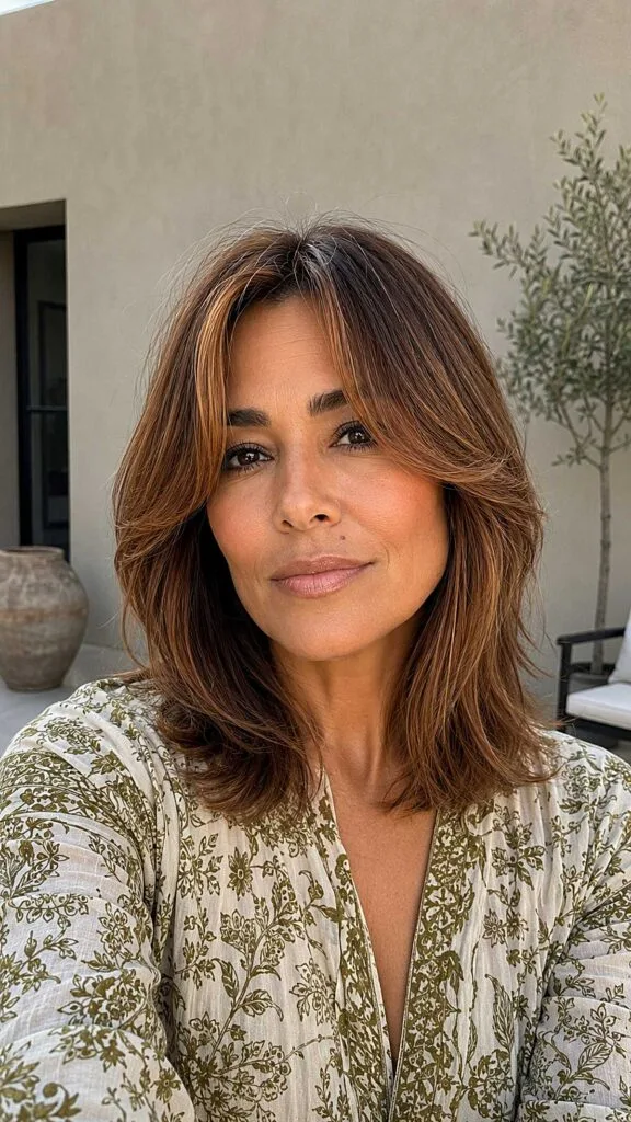 Warm Cinnamon Lob with Razored Curtain Fringe