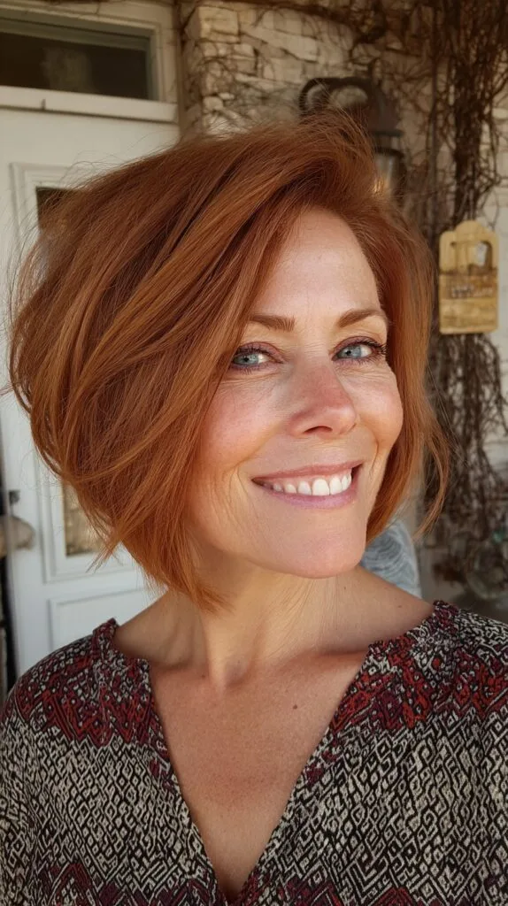 Warm Copper Angled Chin-Length Bob with Feathered Face-Framing