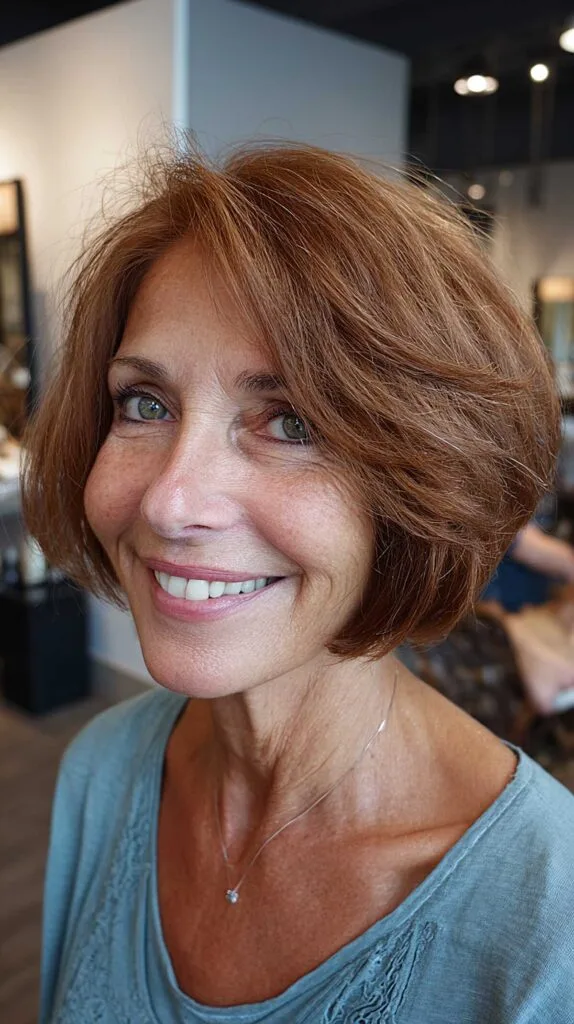 Warm copper chin-length layered bob with flipped ends