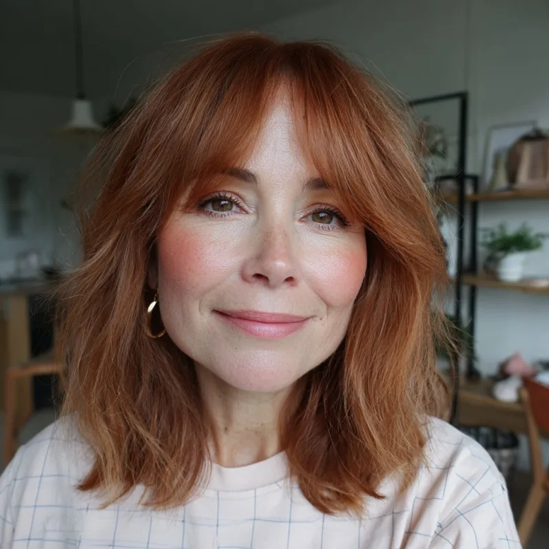 Warm Copper Layered Lob with Soft Curtain Bangs