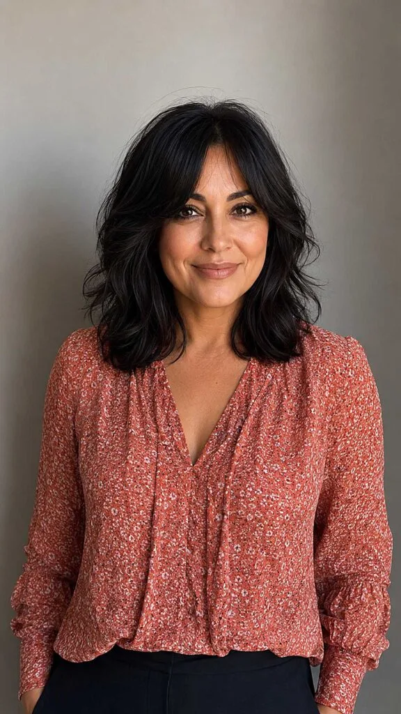Wavy Black Collarbone Shag with Curtain Fringe That Moves