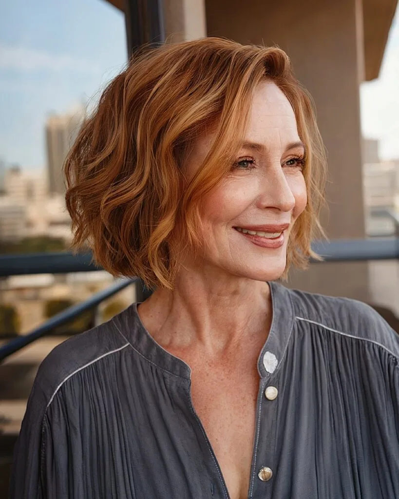 Wavy inverted bob over 60 with tousled texture and soft caramel tones