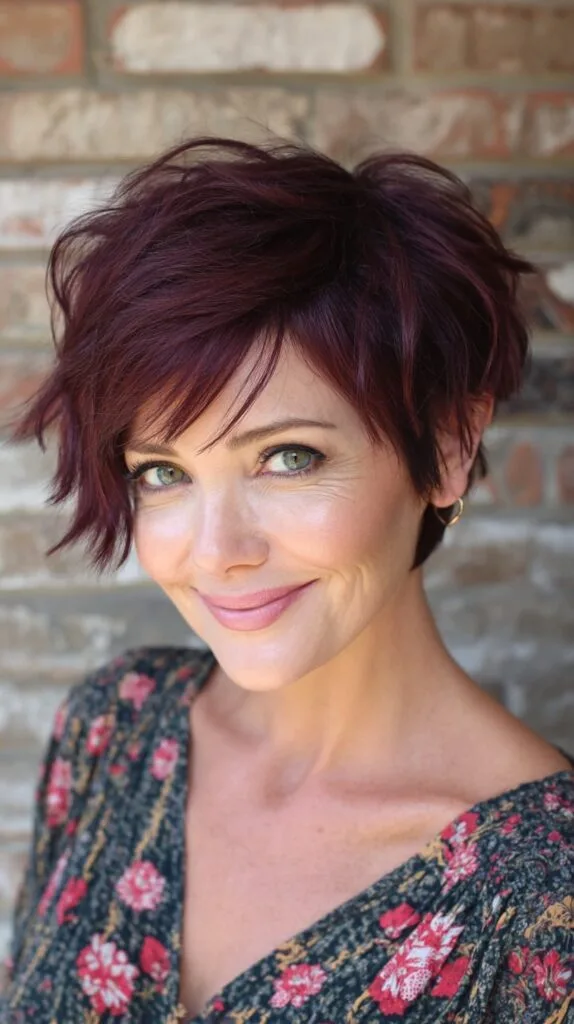 Wine-Burgundy Choppy Pixie with Tousled Fringe