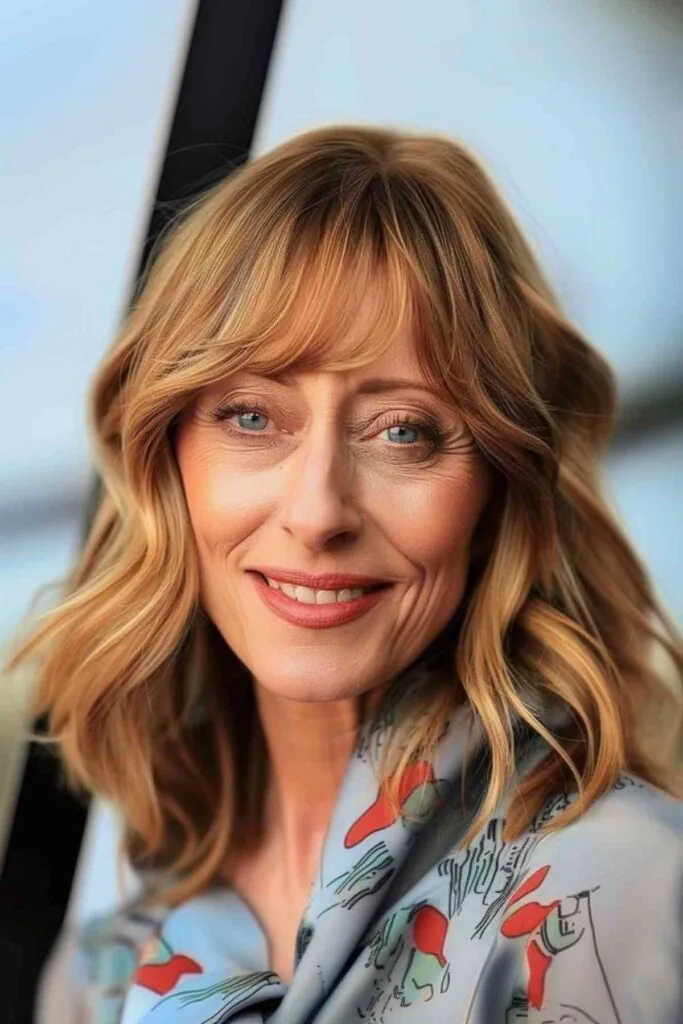 A woman with a medium-length hairstyle and soft bangs, exuding a classic and versatile charm.