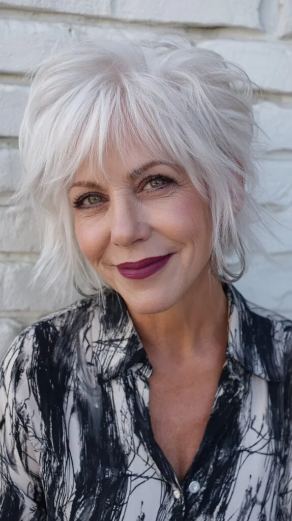 Airy Silver Shaggy Chin-Length Bob with See-Through Fringe
