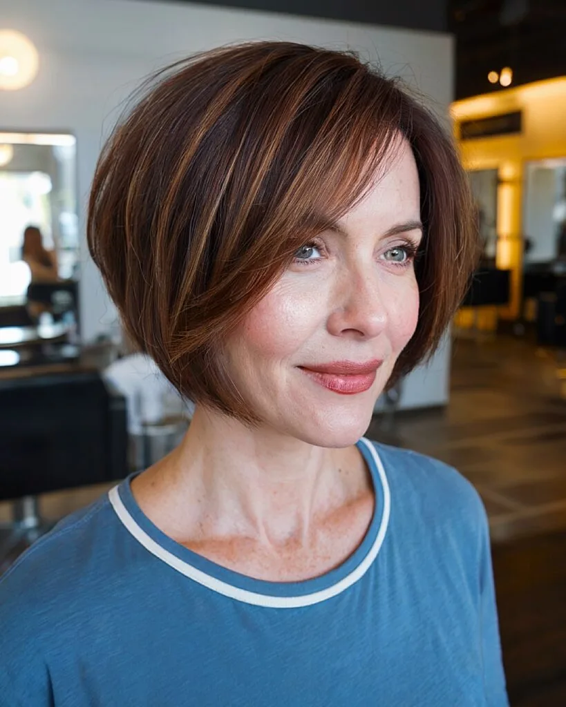 Angled bob with long side bangs for women over 40 looking for a sleek, volume-boosting cut