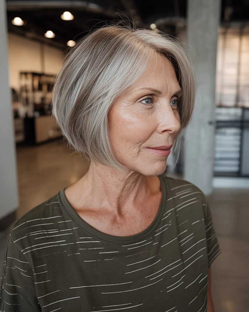 Angled short bob over 60 with sleek silver hair and stacked layers at the back