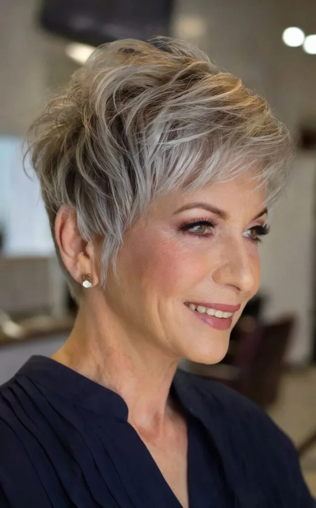 Angled Silver Pixie Shag with Feathery Layers and Bangs for Older Ladies Aged 70