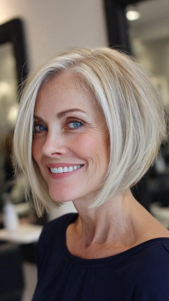 Angled Stacked Platinum Blonde Bob with Face-Framing Lights