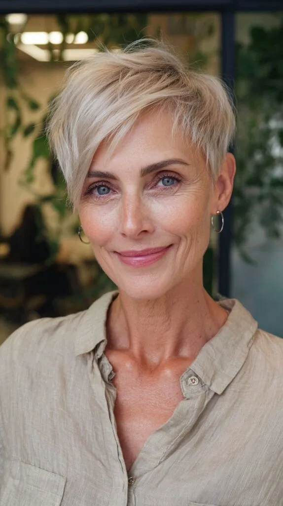 Ash Platinum Textured Pixie with Long Side Fringe