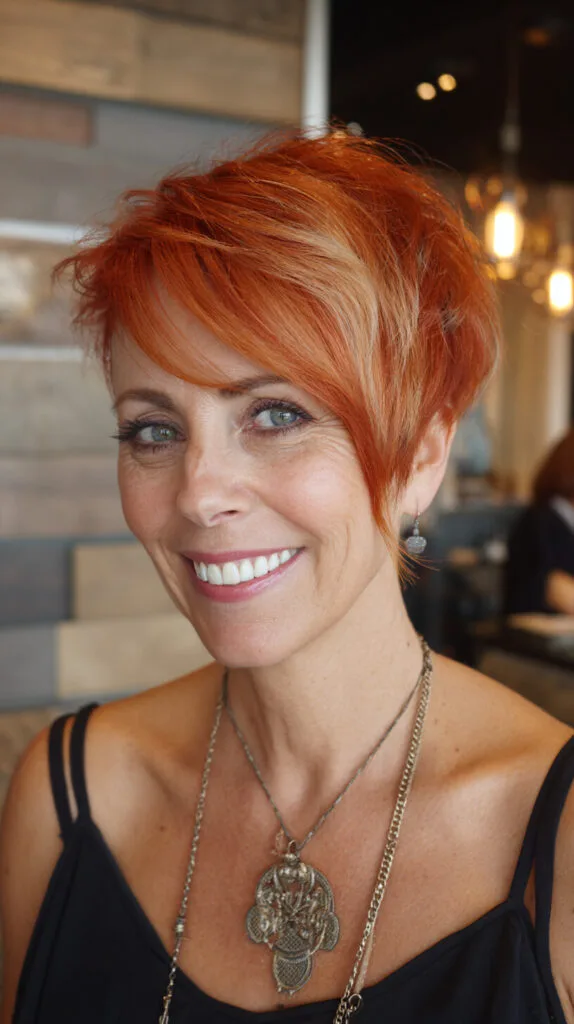 Asymmetrical Copper Stacked Pixie with Blonde Face-Framing Stripe