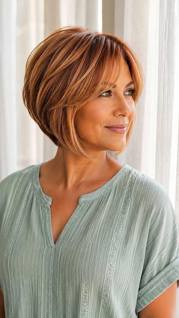 Auburn copper stacked bob with side-swept bangs