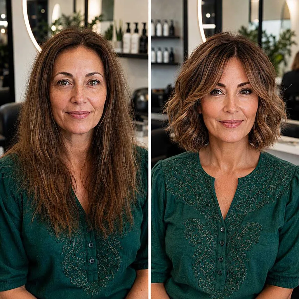Before and after long hair to wavy curtain bang bob