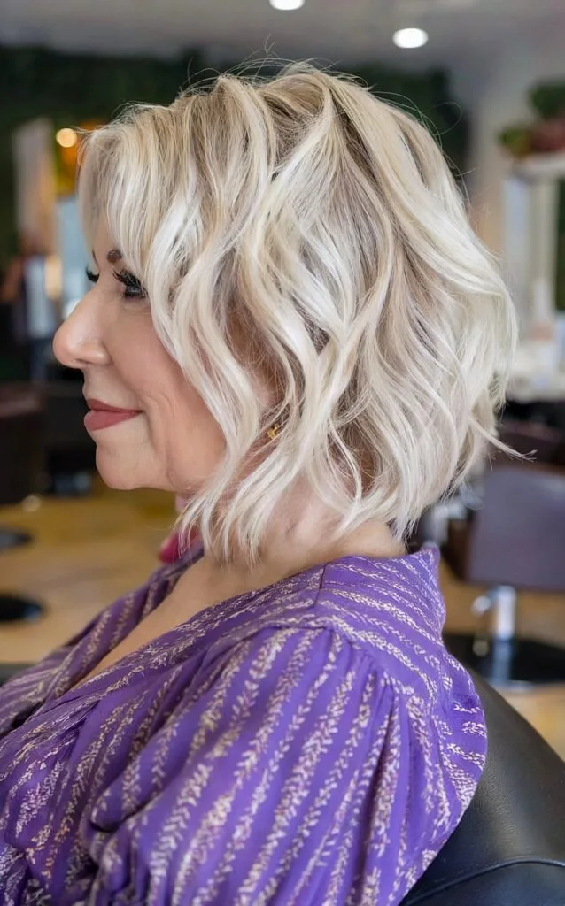 Blonde Angled Lob with Soft Waves on Ladies Aged 50