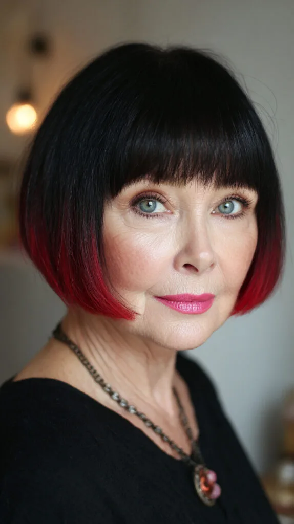 Blunt Chin-Length Bob with Micro Fringe and Red Dipped Ends