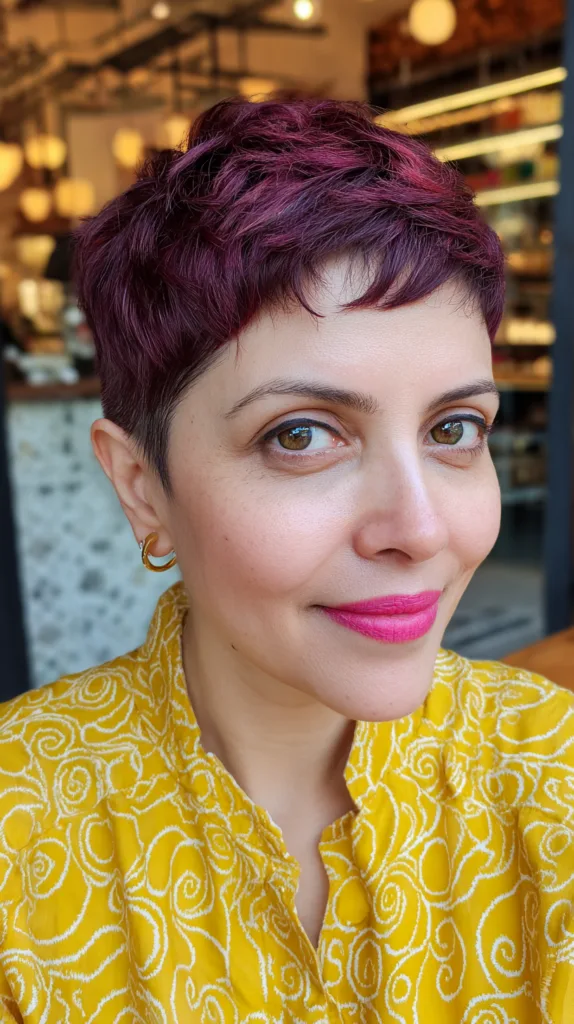 Bold Textured Pixie with Vibrant Burgundy Highlights