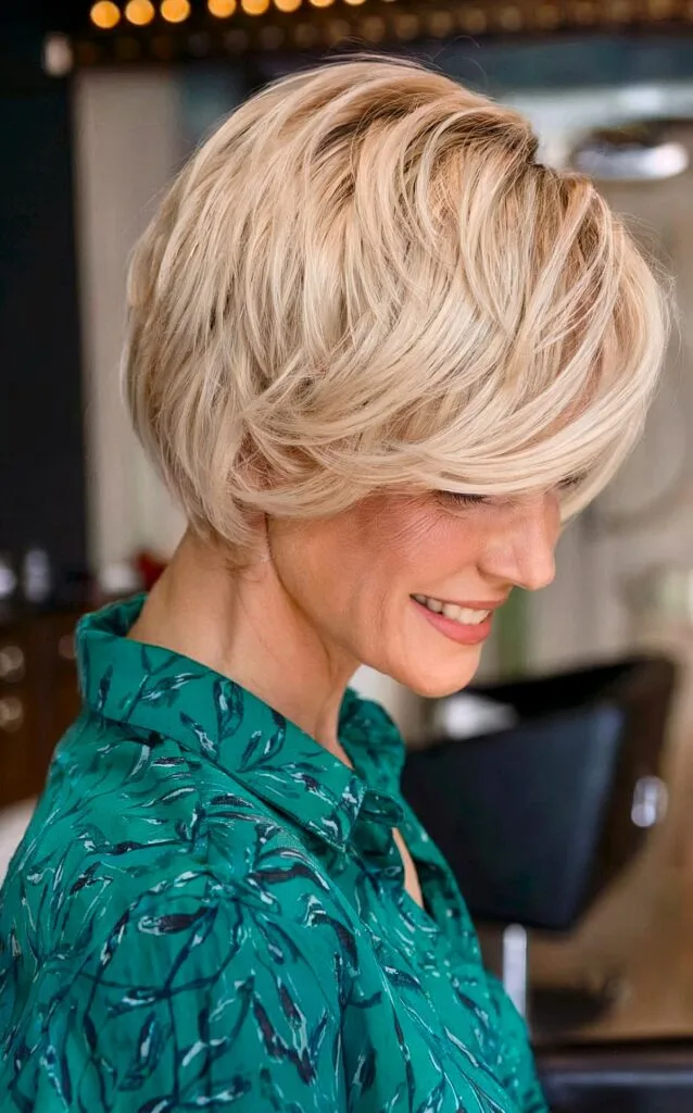 Bright Blonde Bixie Cut for Fine-Haired Women Over 50