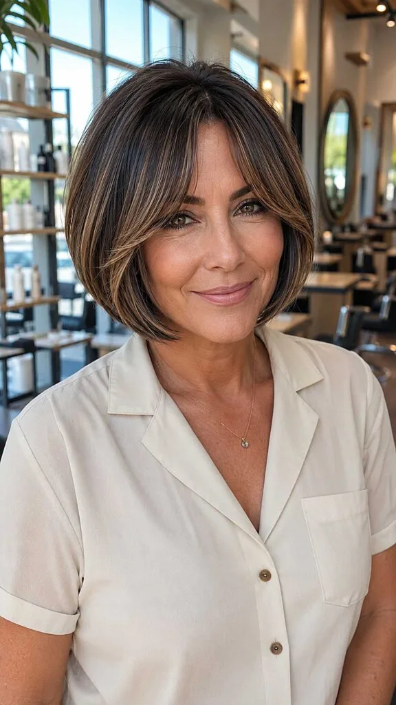 Brunette bob with golden highlights and curtain bangs