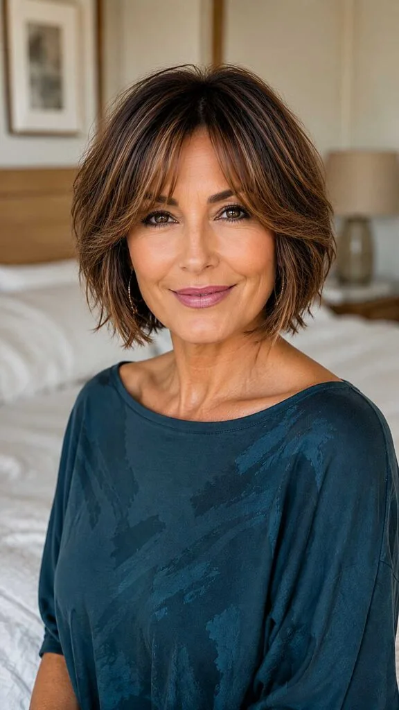 Brunette feathered bob with subtle highlights at home