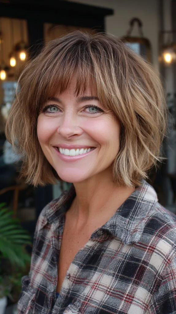 Brushed Bronde Chin-Length Bob with Sheer Blunt Fringe