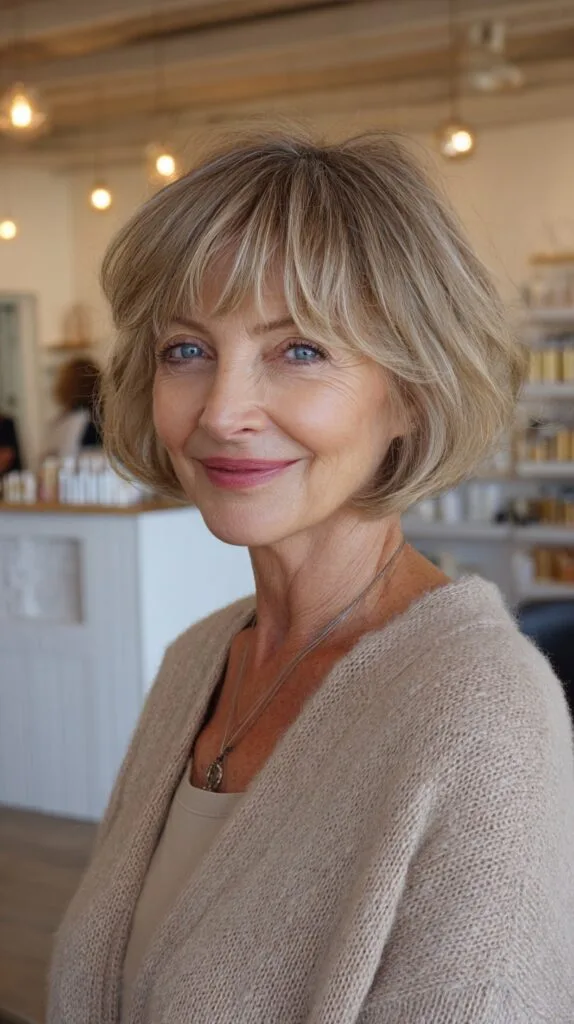 Brushed Bronde Short Layered Bob with Soft Fringe