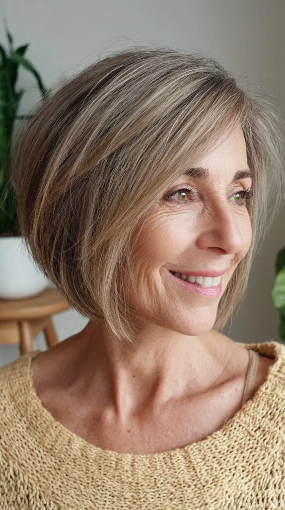 Brushed Bronde Stacked Angled Bob with Soft Side Fringe