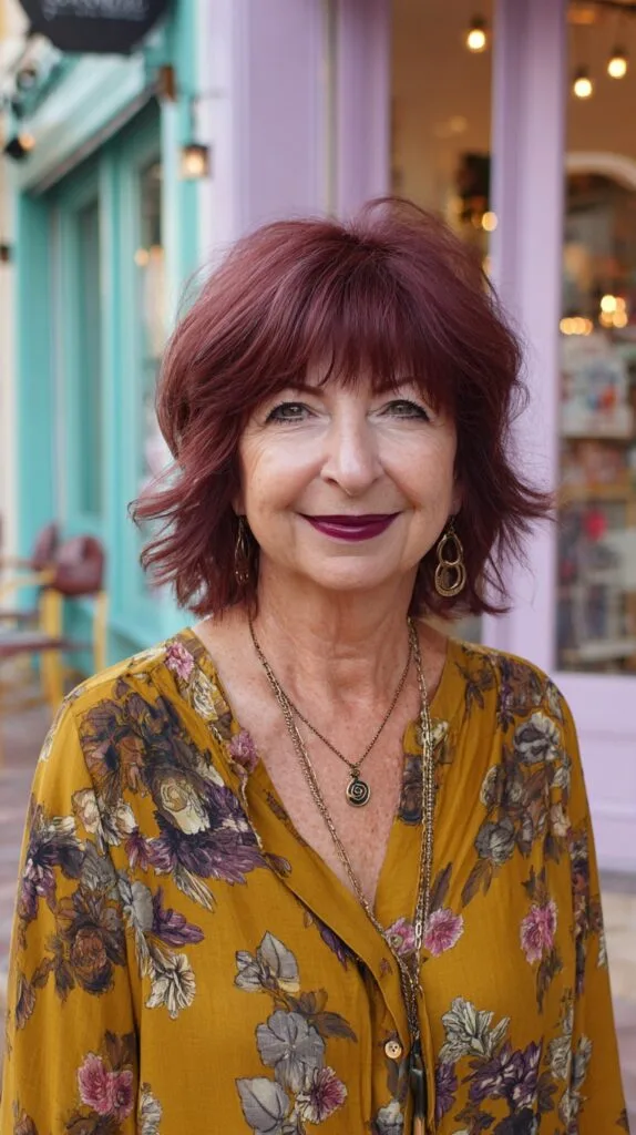 Burgundy Feathered Chin-Length Shag with Wispy Micro Fringe