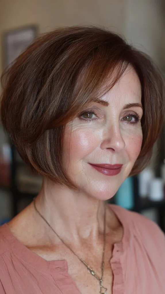 Burnished Auburn Stacked Bob with Delicate Fringe