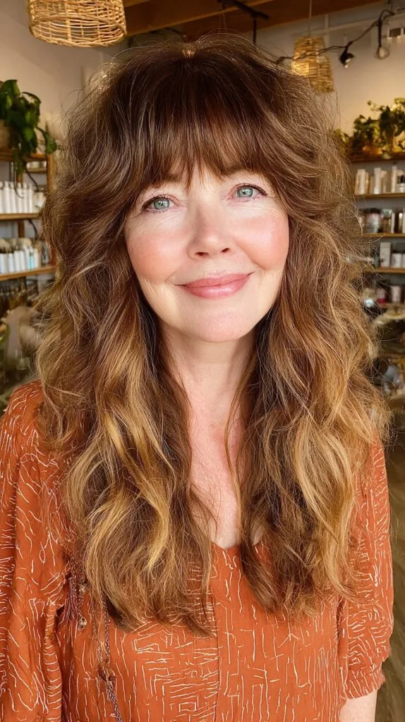 Cascading Caramel Waves with Brunette Fringe