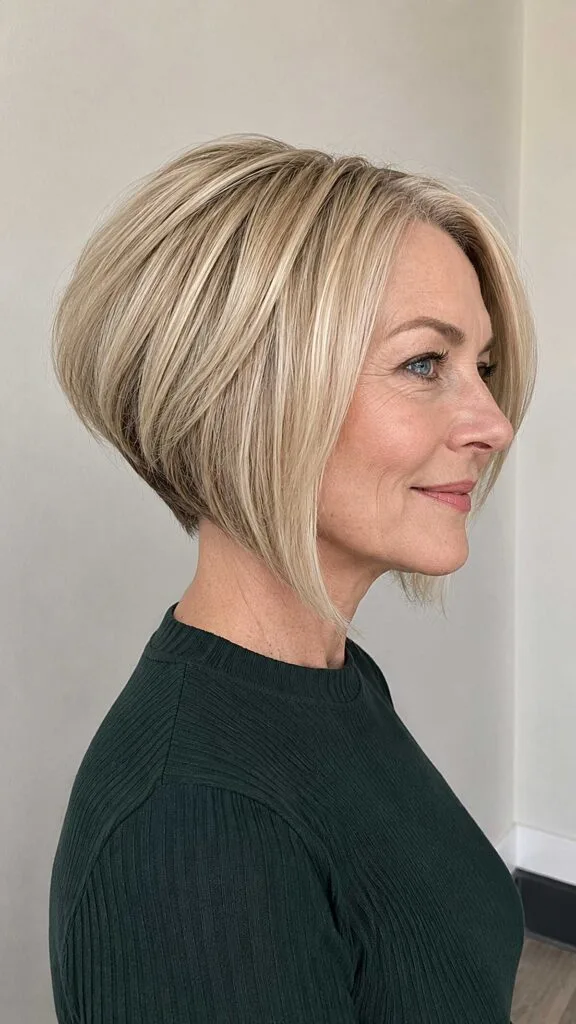 Champagne blonde stacked A-line bob with clean lines