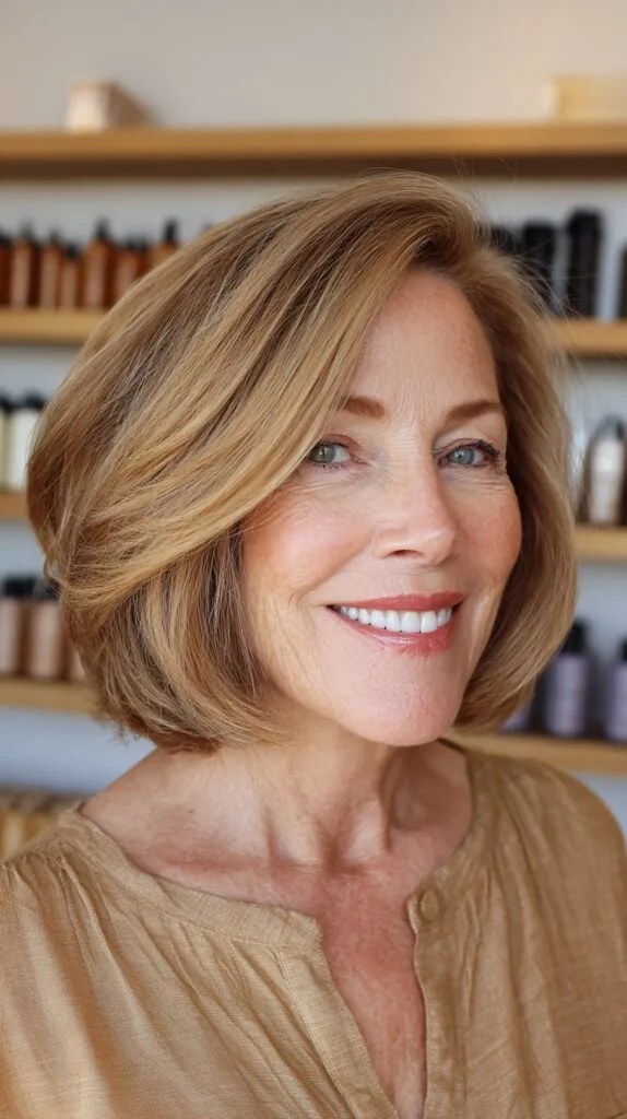 Champagne Bronde Layered Chin-Length Bob with Deep Side Hinge