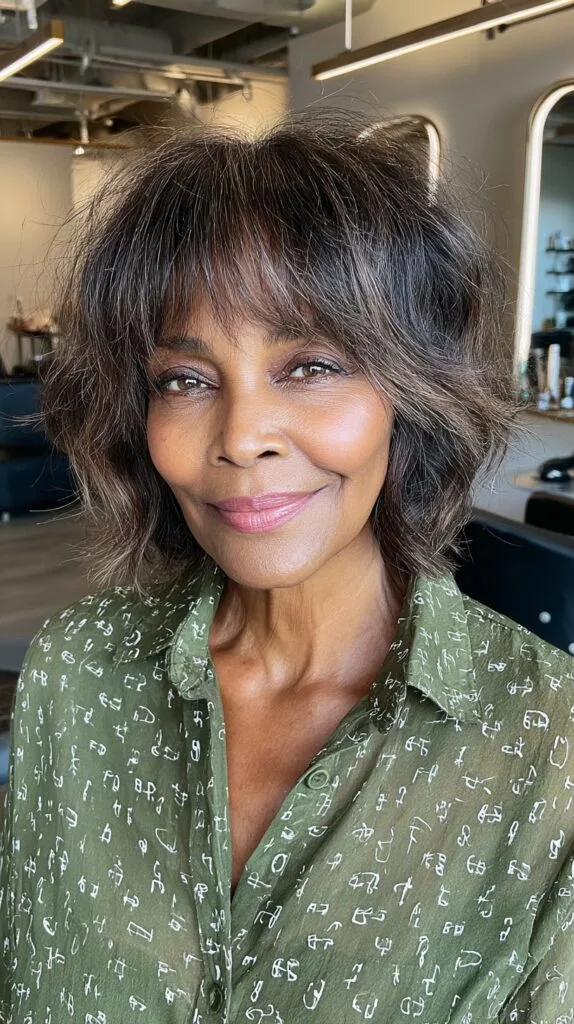 Charcoal-Toned Wavy Bob with Wispy Bangs