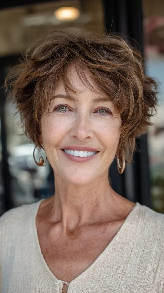 Charming Chestnut Curled Pixie For Women Over 60