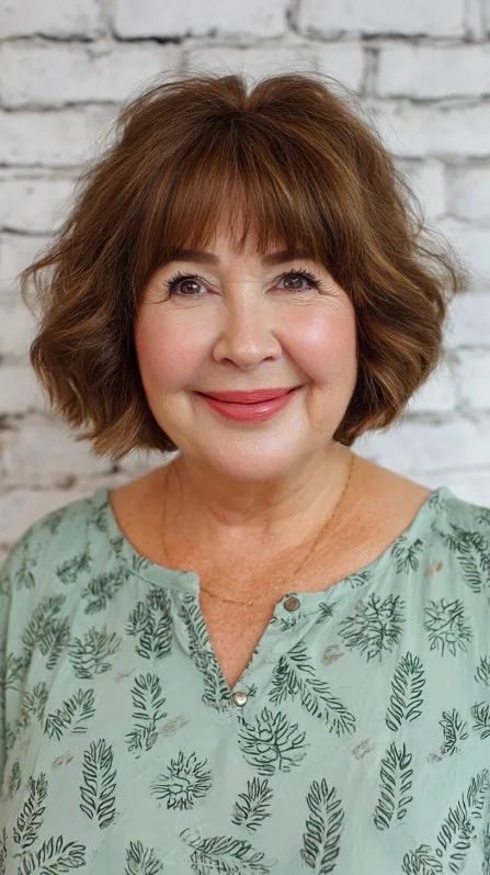 Charming Chestnut Rounded Bob with Soft Bangs