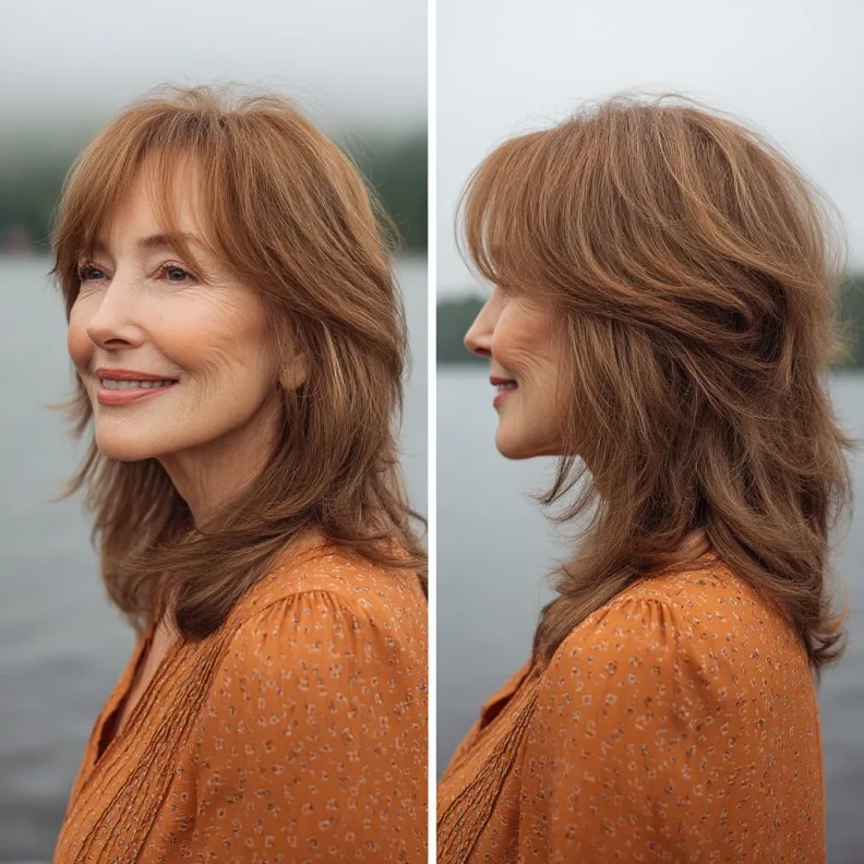 Charming Cinnamon Brown Soft Layered Cut with Wispy Bangs