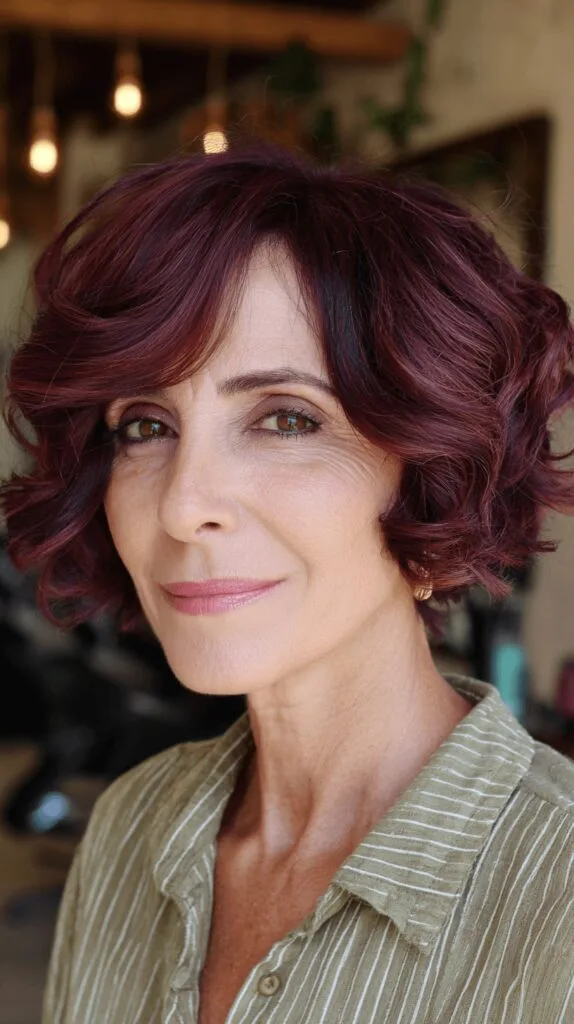 Charming Textured Curly Bob with Rich Burgundy Tones