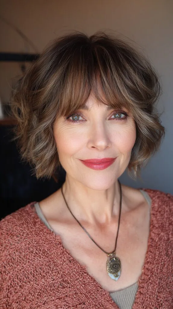 Charming Tousled Layered Bob with Warm Highlights