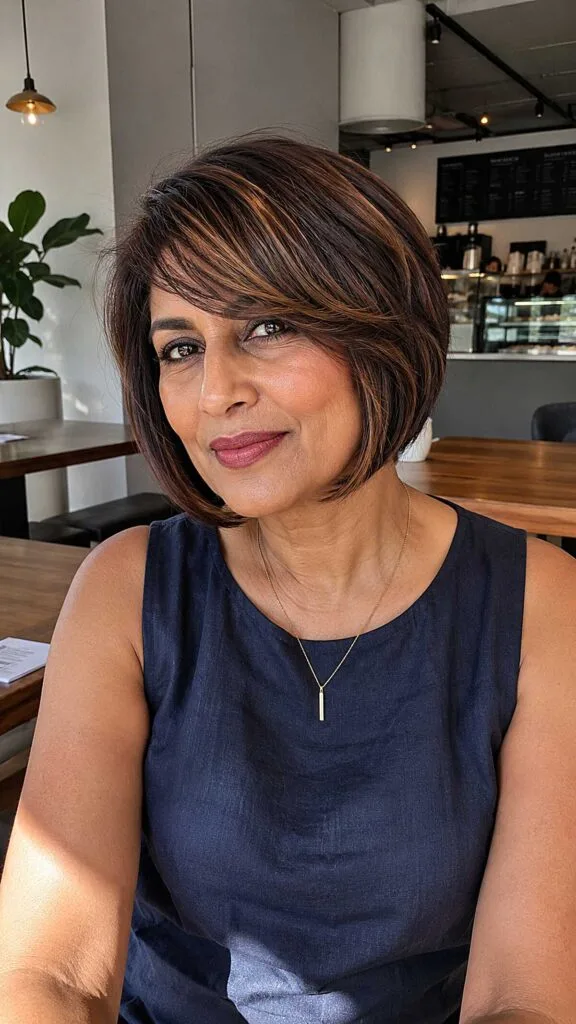 Chestnut A-Line Bob with Auburn Micro-Highlights