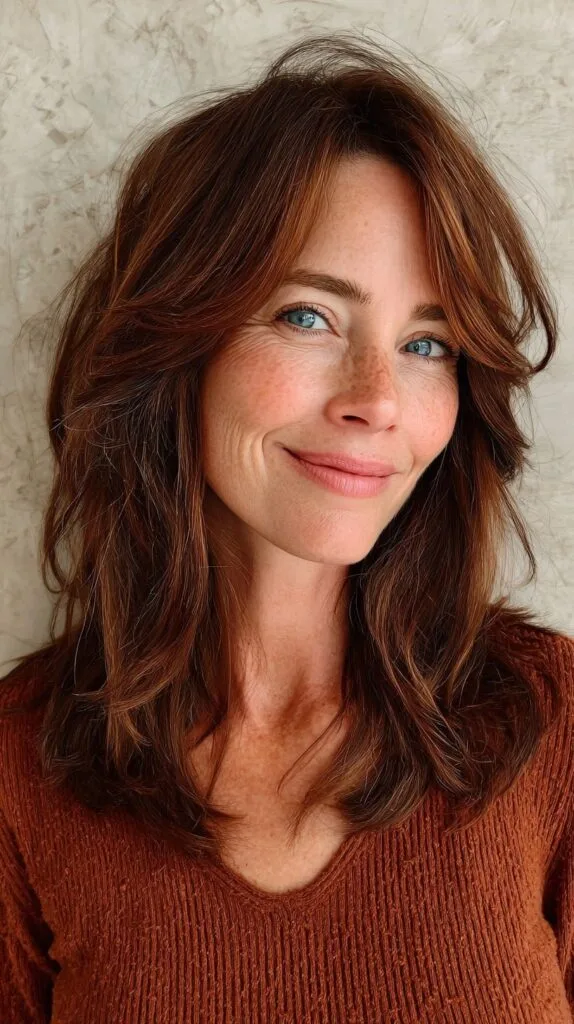 Chestnut Butterfly Layers with Long Face-Framing Fringe