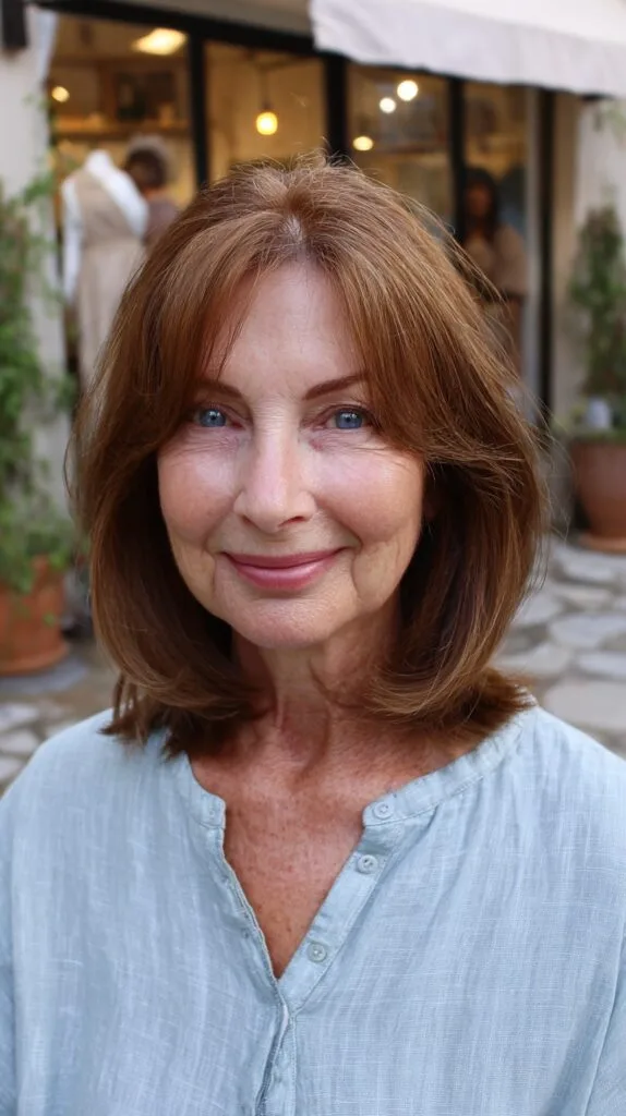 Chestnut Charm Lob with Sweeping Curtain Bangs