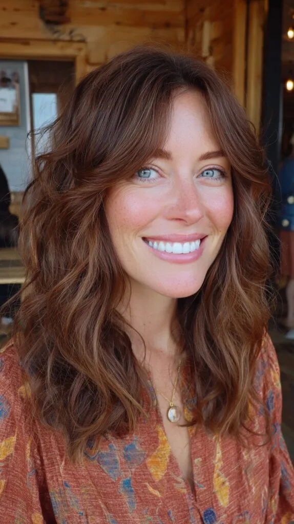 Chestnut Curtain-Framed Shag with Soft Beachy Waves