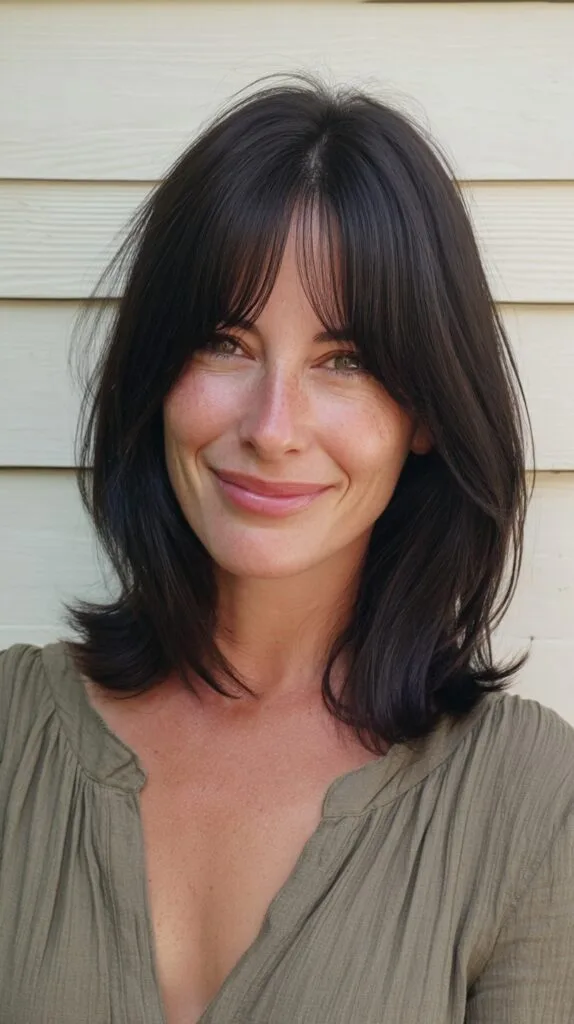 Chestnut Shoulder-Grazing Lob with Soft Center-Part Curtain Bangs