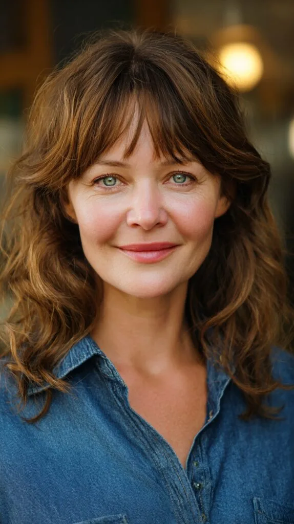 Chestnut Shoulder-Length Waves with Wispy Curtain Fringe