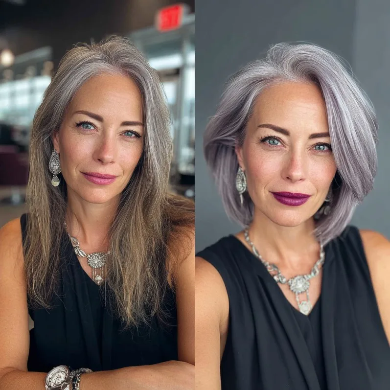 Chic Asymmetrical Lob with Iridescent Silver Tones